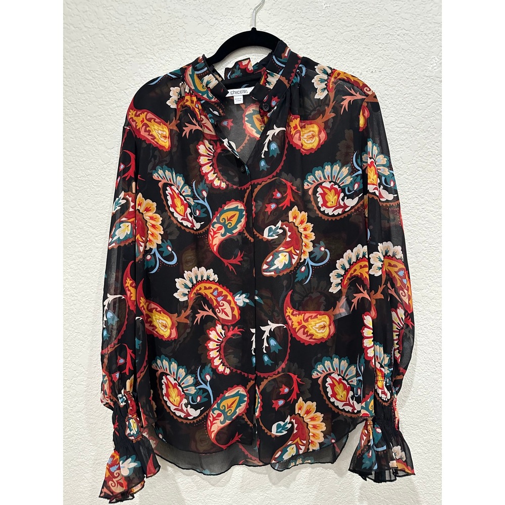 Chicos‎ Paisley Sheer Chiffon Blouse Black Red Gold Smocked Cuff Top Size 2 L